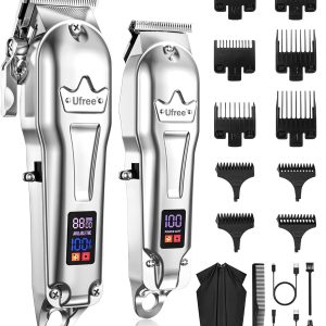 Ufree Professional Hair Clippers for Men, Cordless Barber Clippers and Trimmers Set, Clippers for Hair Cutting Kit with LED Display, Zero Gap T-Blade Beard Hair Trimmer, Gifts for Men, Silver