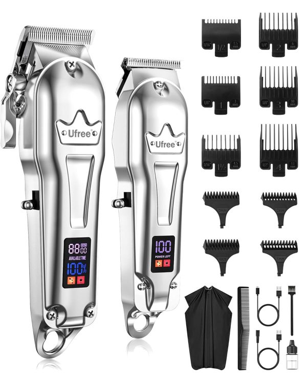 Ufree Professional Hair Clippers for Men, Cordless Barber Clippers and Trimmers Set, Clippers for Hair Cutting Kit with LED Display, Zero Gap T-Blade Beard Hair Trimmer, Gifts for Men, Silver