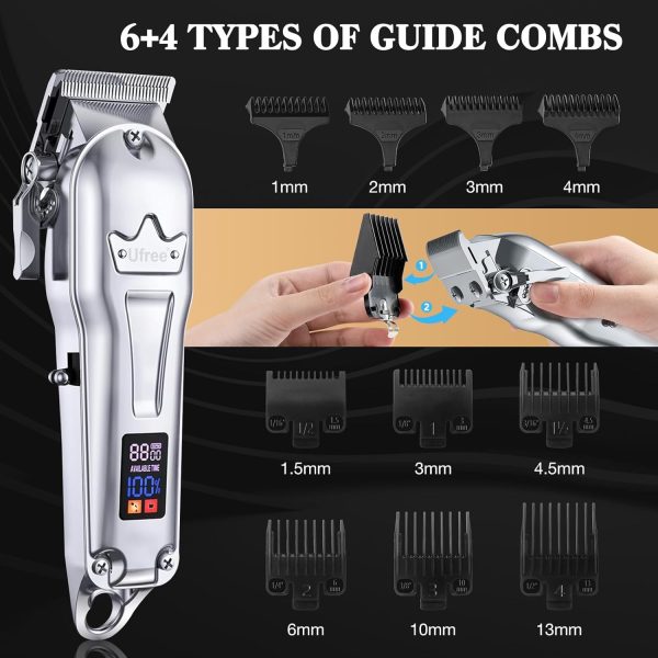 Ufree Professional Hair Clippers for Men, Cordless Barber Clippers and Trimmers Set, Clippers for Hair Cutting Kit with LED Display, Zero Gap T-Blade Beard Hair Trimmer, Gifts for Men, Silver - Image 5